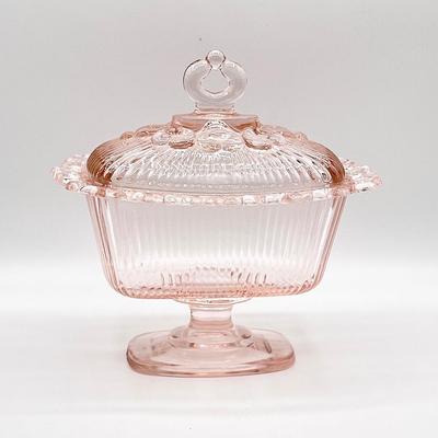 INDIANA GLASS ~ Pink Depression Lace Edge Footed Lidded Candy Dish
