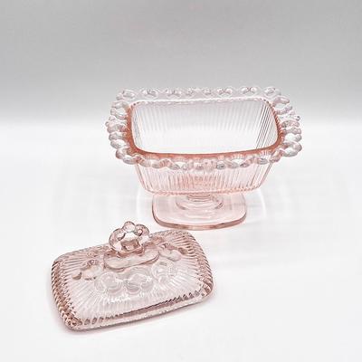 INDIANA GLASS ~ Pink Depression Lace Edge Footed Lidded Candy Dish
