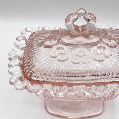 INDIANA GLASS ~ Pink Depression Lace Edge Footed Lidded Candy Dish