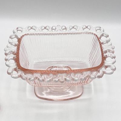 INDIANA GLASS ~ Pink Depression Lace Edge Footed Lidded Candy Dish