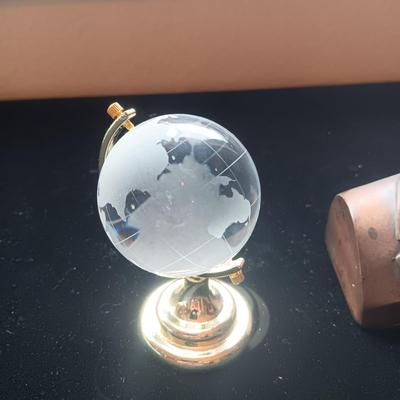 SMALLER GLASS GLOBE ON STAND AND METAL ABE LINCOLN FIRST FEDERAL COIN BANK