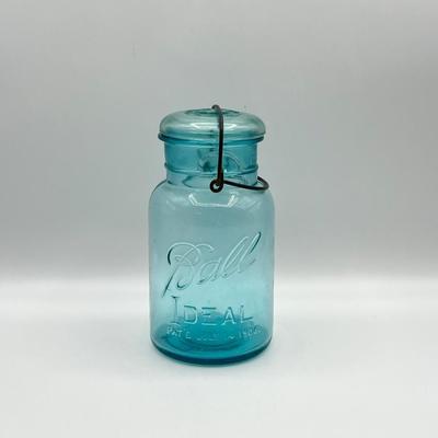 BALL IDEAL ~ Vtg Blue Glass Lidded Jars