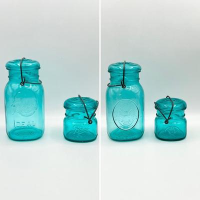 BALL IDEAL ~ Vtg Blue Glass Lidded Jars