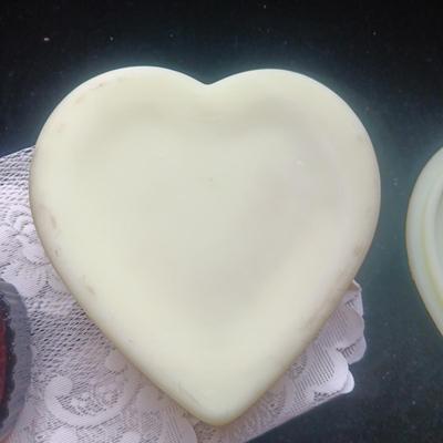 LARGE GLASS FENTON HEART SHAPED BOX AND RED GLASS AVON TRINKET BOX