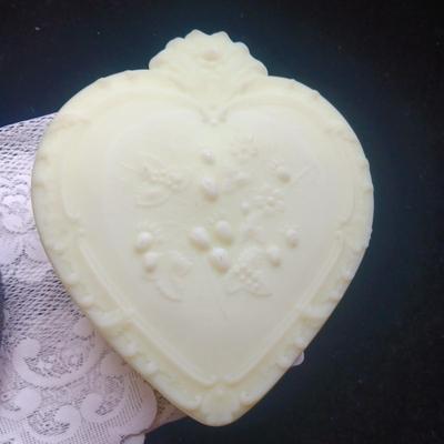 LARGE GLASS FENTON HEART SHAPED BOX AND RED GLASS AVON TRINKET BOX