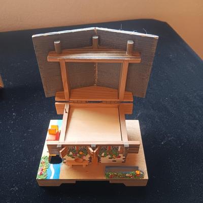 SWISS CHALET MUSIC BOX, MIRRORED HUMMINGBIRD AND BABY IN A CARRIAGE