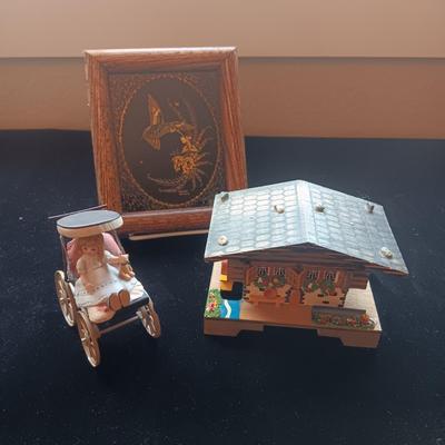 SWISS CHALET MUSIC BOX, MIRRORED HUMMINGBIRD AND BABY IN A CARRIAGE
