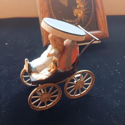 SWISS CHALET MUSIC BOX, MIRRORED HUMMINGBIRD AND BABY IN A CARRIAGE