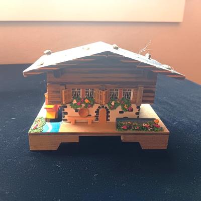 SWISS CHALET MUSIC BOX, MIRRORED HUMMINGBIRD AND BABY IN A CARRIAGE