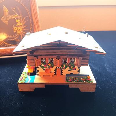 SWISS CHALET MUSIC BOX, MIRRORED HUMMINGBIRD AND BABY IN A CARRIAGE