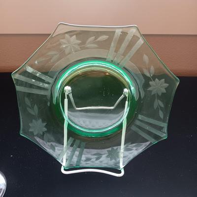 FENTON HOBNAIL SECTIONED DISH, CRYSTAL VASE AND ETCHED GREEN PLATE