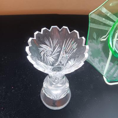 FENTON HOBNAIL SECTIONED DISH, CRYSTAL VASE AND ETCHED GREEN PLATE