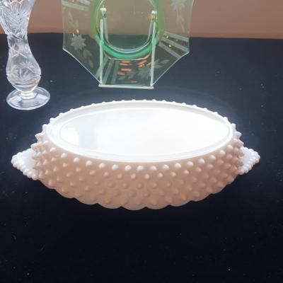 FENTON HOBNAIL SECTIONED DISH, CRYSTAL VASE AND ETCHED GREEN PLATE