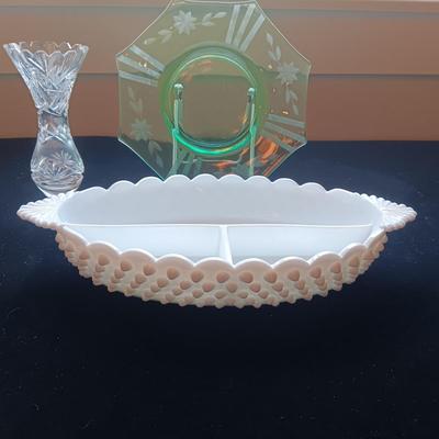 FENTON HOBNAIL SECTIONED DISH, CRYSTAL VASE AND ETCHED GREEN PLATE