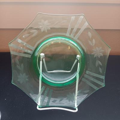 FENTON HOBNAIL SECTIONED DISH, CRYSTAL VASE AND ETCHED GREEN PLATE