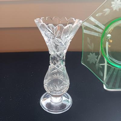 FENTON HOBNAIL SECTIONED DISH, CRYSTAL VASE AND ETCHED GREEN PLATE