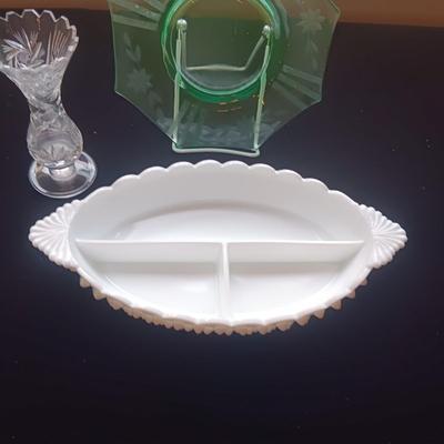 FENTON HOBNAIL SECTIONED DISH, CRYSTAL VASE AND ETCHED GREEN PLATE
