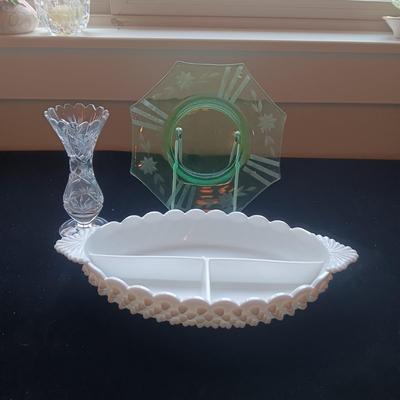 FENTON HOBNAIL SECTIONED DISH, CRYSTAL VASE AND ETCHED GREEN PLATE