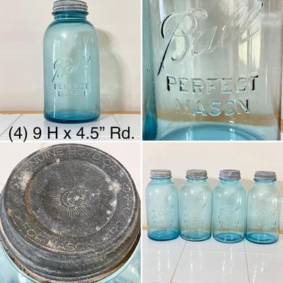BALL ~ Vtg. Blue Glass Lidded Jars ~ Set Of Eleven (11)