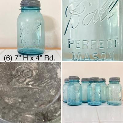 BALL ~ Vtg. Blue Glass Lidded Jars ~ Set Of Eleven (11)
