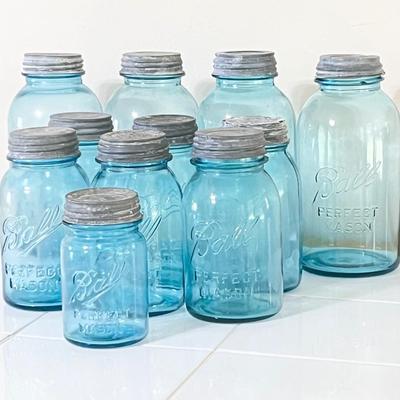 BALL ~ Vtg. Blue Glass Lidded Jars ~ Set Of Eleven (11)