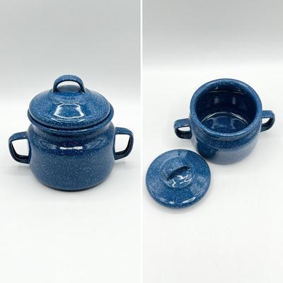 Three (3) Piece Blue Speckled Enameled Tea Set
