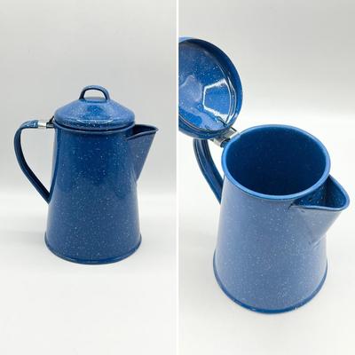 Three (3) Piece Blue Speckled Enameled Tea Set