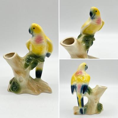 ROYAL COPLEY ~ Pair (2) MCM Porcelain Parrot Figurine Vases