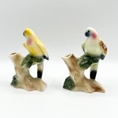 ROYAL COPLEY ~ Pair (2) MCM Porcelain Parrot Figurine Vases