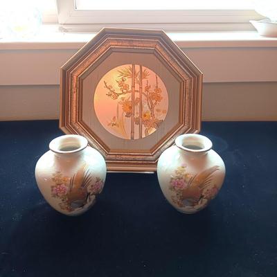 LIN-ART PICTURE AND 2 MATCHING VASES