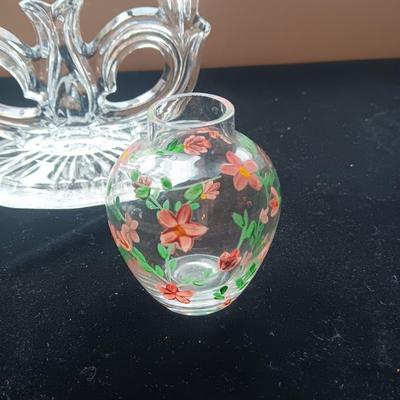 GLASS CANDLE HOLDER, LEFTON AND SMALL HAND PAINTED VASES