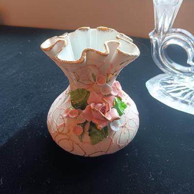 GLASS CANDLE HOLDER, LEFTON AND SMALL HAND PAINTED VASES