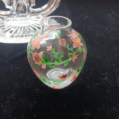 GLASS CANDLE HOLDER, LEFTON AND SMALL HAND PAINTED VASES