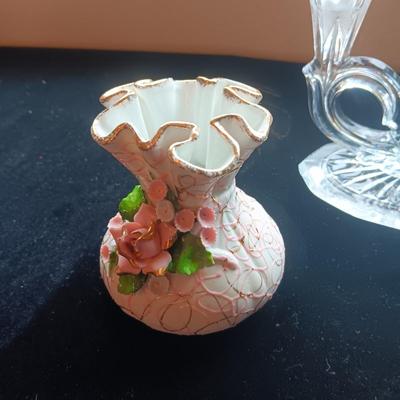 GLASS CANDLE HOLDER, LEFTON AND SMALL HAND PAINTED VASES