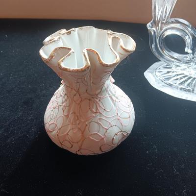 GLASS CANDLE HOLDER, LEFTON AND SMALL HAND PAINTED VASES
