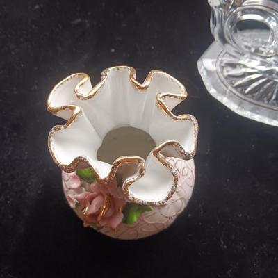 GLASS CANDLE HOLDER, LEFTON AND SMALL HAND PAINTED VASES