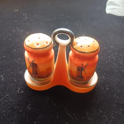 HAND PAINTED DISH AND SALT/PEPPER SHAKERS