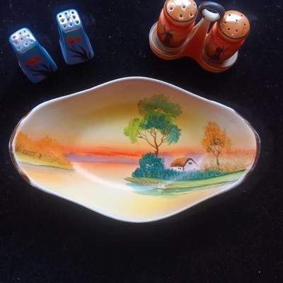 HAND PAINTED DISH AND SALT/PEPPER SHAKERS