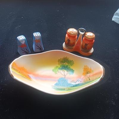 HAND PAINTED DISH AND SALT/PEPPER SHAKERS