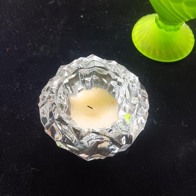 GREEN FROSTED CANDY DISH, CRYSTAL FLOWER PETAL BOWL AND CANDLE HOLDER