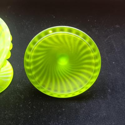 GREEN FROSTED CANDY DISH, CRYSTAL FLOWER PETAL BOWL AND CANDLE HOLDER