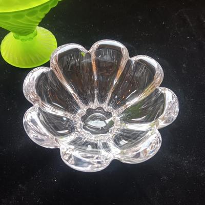 GREEN FROSTED CANDY DISH, CRYSTAL FLOWER PETAL BOWL AND CANDLE HOLDER
