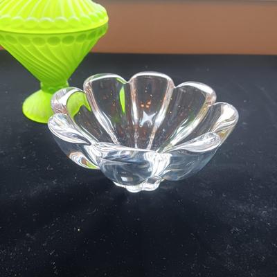 GREEN FROSTED CANDY DISH, CRYSTAL FLOWER PETAL BOWL AND CANDLE HOLDER