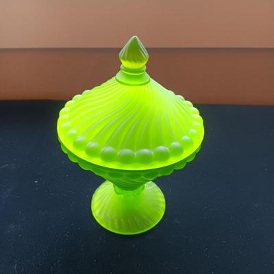 GREEN FROSTED CANDY DISH, CRYSTAL FLOWER PETAL BOWL AND CANDLE HOLDER