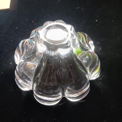 GREEN FROSTED CANDY DISH, CRYSTAL FLOWER PETAL BOWL AND CANDLE HOLDER