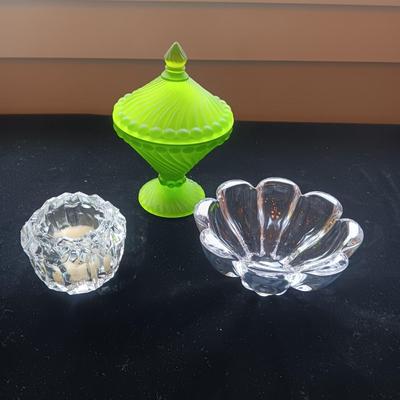 GREEN FROSTED CANDY DISH, CRYSTAL FLOWER PETAL BOWL AND CANDLE HOLDER