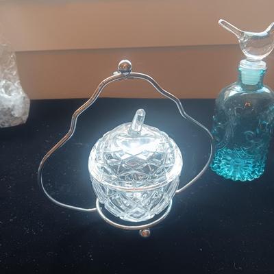 CRYSTAL APPLE JAM JAR, BLUE GLASS BOTTLE W/BIRD TOPPER AND GLASS COASTERS IN A STAND