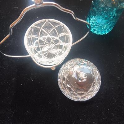 CRYSTAL APPLE JAM JAR, BLUE GLASS BOTTLE W/BIRD TOPPER AND GLASS COASTERS IN A STAND