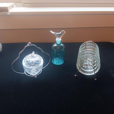 CRYSTAL APPLE JAM JAR, BLUE GLASS BOTTLE W/BIRD TOPPER AND GLASS COASTERS IN A STAND