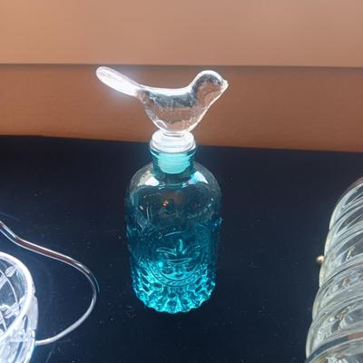 CRYSTAL APPLE JAM JAR, BLUE GLASS BOTTLE W/BIRD TOPPER AND GLASS COASTERS IN A STAND